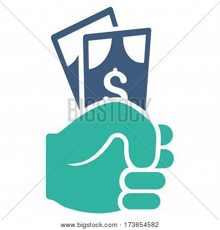 Dollar Banknotes Salary vector icon. Flat bicolor cobalt and cyan symbol. Pictogram is isolated on a white background. Designed for web and software interfaces.