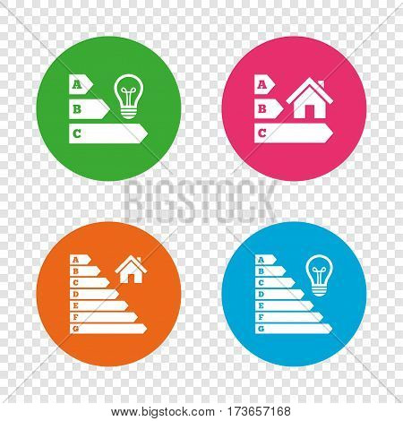 Energy efficiency icons. Lamp bulb and house building sign symbols. Round buttons on transparent background. Vector