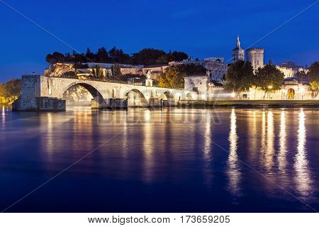 Avignon Bridge and Popes Palace, Avignon, night view.  Pont Saint-Benezet, Provence, France.