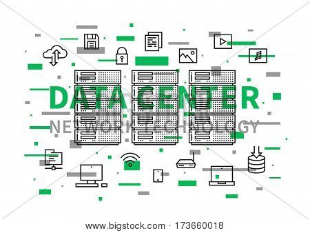 Data center network technology vector illustration. Internet server equipment line art creative concept. Hosting cloud datacenter hardware graphic design. Network database infrastructure system.