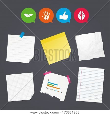 Business paper banners with notes. Hand icons. Like thumb up symbol. Insurance protection sign. Human helping donation hand. Prayer hands. Sticky colorful tape. Speech bubbles with icons. Vector