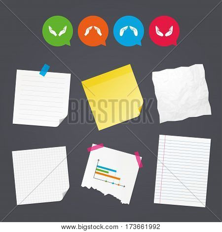 Business paper banners with notes. Hands icons. Insurance protection signs. Human helping donation hands. Prayer meditation hands sybmols. Sticky colorful tape. Speech bubbles with icons. Vector