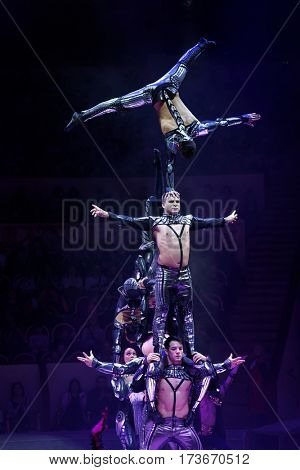 ST. PETERSBURG, RUSSIA - FEBRUARY 3, 2017: Dress rehearsal of the circus program CircUS 2.0. The program created in the Great Moscow Circus and reflects the vision of circus art of XXI century