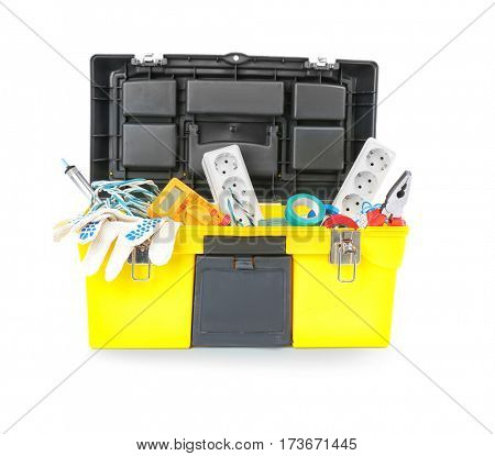 Chest with tools on white background