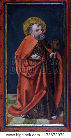 ZAGREB, CROATIA - JUNE 18: St. Peter, the altarpiece from the parish church of St. Vitus in Vrbovec, exhibited in Museum of Arts and Crafts in Zagreb, on June 18, 2015.