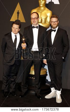 John Gilbert, Seth Rogen and Michael J. Fox at the 89th Annual Academy Awards - Press Room held at the Hollywood and Highland Center in Hollywood, USA on February 26, 2017.
