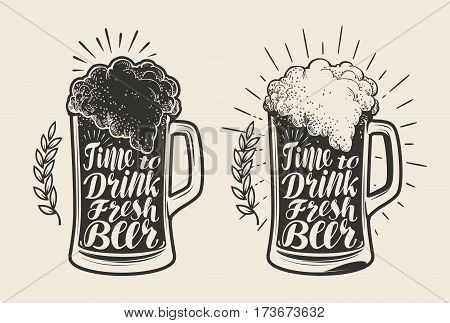 Glass, mug of beer with foam. Brewery, drink, ale symbol. Lettering calligraphy vector