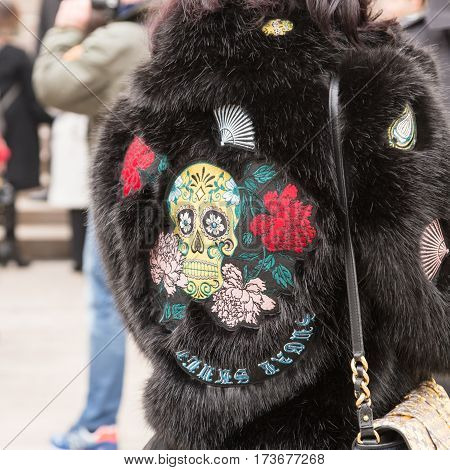 MILAN ITALY - FEBRUARY 23: Detail of fur outside Genny fashion show during Milan Women's Fashion Week on FEBRUARY 23 2017 in Milan.