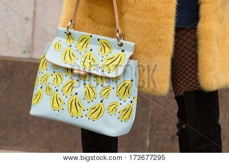 MILAN ITALY - FEBRUARY 23: Detail of bag outside Genny fashion show during Milan Women's Fashion Week on FEBRUARY 23 2017 in Milan.