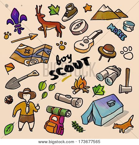Boyscout set. Watercolor drawing sketch illustration