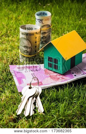 indian currency notes of rupees 100, 500 and 2000 in roll or stack with small home model, keys, toy car and calculator with blank board over green grass - home buying and finance concept in India
