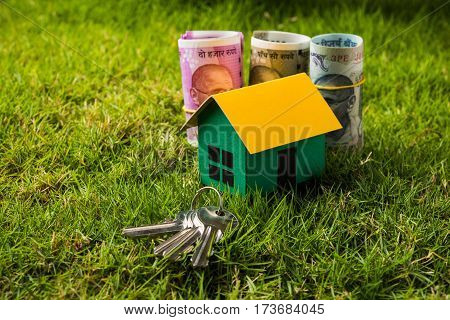 indian currency notes of rupees 100, 500 and 2000 in roll or stack with small home model, keys, toy car and calculator with blank board over green grass - home buying and finance concept in India