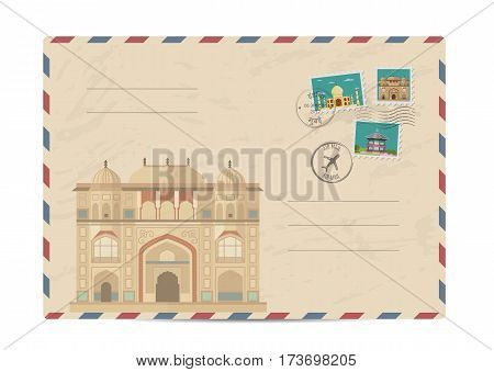 Itmad-ud-Daula, Baby Taj, Agra India. Postal envelope with famous architectural composition, postage stamps and postmarks on white background vector illustration. Postal services. Envelope delivery.