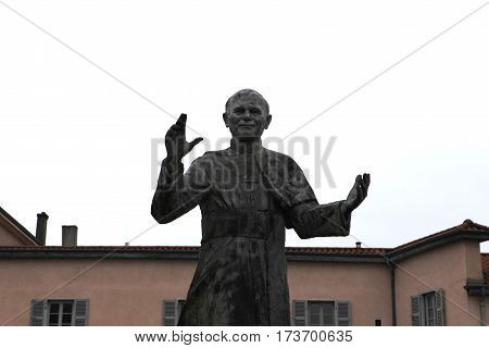 Lyon, France - December 20, 2016: Monument to Pope Saint John Paul II. architecture Basilica of Notre-Dame de Fourviere is located on hill of Fourviere in December 20 in Lyon, France