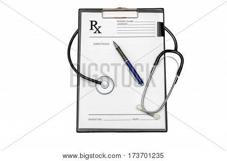 Prescription form with pen and stethoscope on clipboard isolated on white.