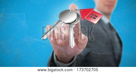 Businessman using futuristic digital screen against grey background 3D