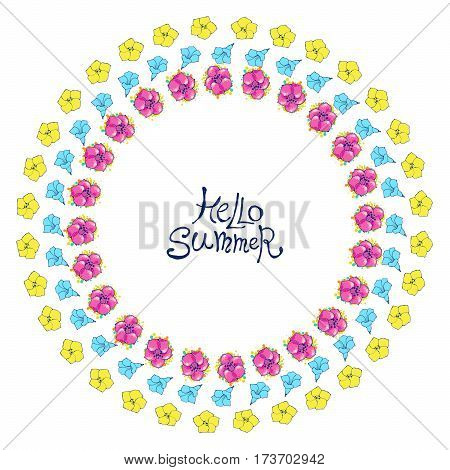 Floral frame with colorful exotic flowers. Nature circle hand drawn border on white background. Vector decoration. Good for greeting cards and invitations.