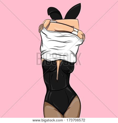 Sexy playboy girl template in black bunny costume taking off white shirt on pink background vector illustration