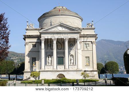 Como, Italy - 13 April 2015: Monument to Alessandro Volta inventor of battery at Como on italy