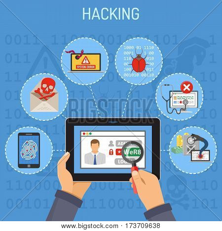 Internet Security concept. Hacker holding tablet pc in hand and hacking password with Flat Icons Virus, Spam and bug. isolated vector illustration
