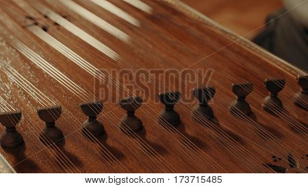 The ethnic musical instrument - santur. Close up