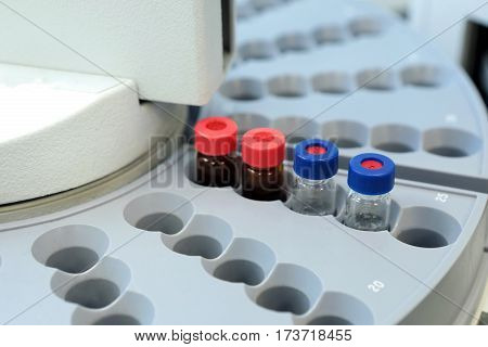 Quality Control Laboratory Medicine. Chromatograph Operation. Bottles Check On The Quality Of The Su