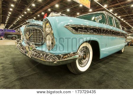 DETROIT MI/USA - February 25 2017: A 1958 Nash Ambassador Custom car restoration on display at the Detroit Autorama, a showcase of custom and restored cars.
