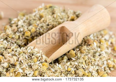Wooden Measuring Spoon In Dry Chamomile Tea