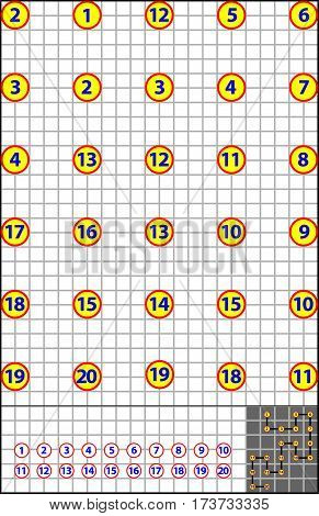 Logic puzzle on a square paper. Find the way how to join numbers from 1 to 20by vertical or horizontal line. Developing children skills for counting. Vector image.