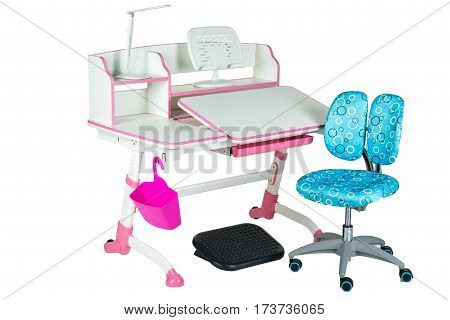 Blue chair pink school table pink basket desk lamp and black support under legs on the white isolated background.