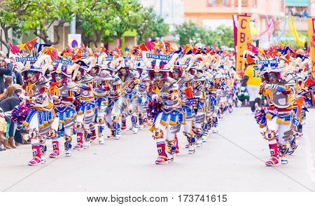 Badajoz, Spain, Sunday. February.26. 2017 Participants In Colorful Costumes Take Part In The Carniva