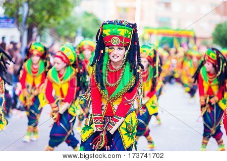 Badajoz, Spain, Sunday. February.26. 2017 Participants In Colorful Costumes Take Part In The Carniva
