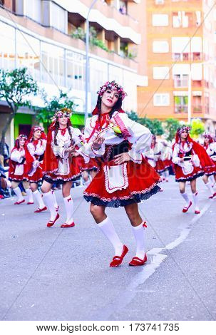 Badajoz, Spain, Sunday. February.26. 2017 Participants In Colorful Costumes Take Part In The Carniva