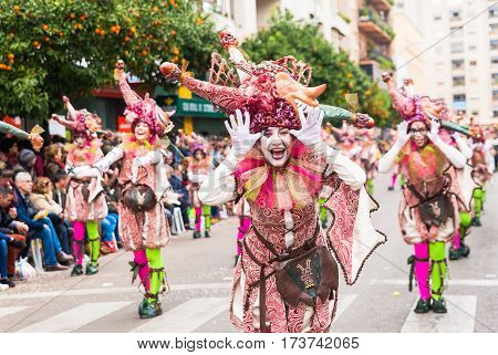Badajoz, Spain, Sunday. February.26. 2017 Participants In Colorful Costumes Take Part In The Carniva