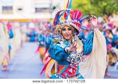 Badajoz, Spain, Sunday. February.26. 2017 Participants In Colorful Costumes Take Part In The Carniva