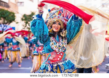 Badajoz, Spain, Sunday. February.26. 2017 Participants In Colorful Costumes Take Part In The Carniva
