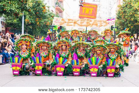 Badajoz, Spain, Sunday. February.26. 2017 Participants In Colorful Costumes Take Part In The Carniva