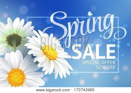 Springr sale concept. Summer background with chamomile and blue sky background. Template for banners, web, flyer, voucher. Vector illustration.