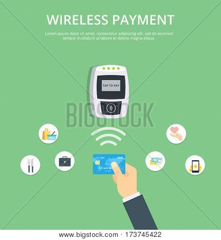 Wireless Payment vector illustration in flat style. Pos terminal confirms contactless payment from credit card.