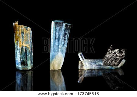 Three Blue Tourmaline, Indicolite, Black Background, Healing Stone, Mineral