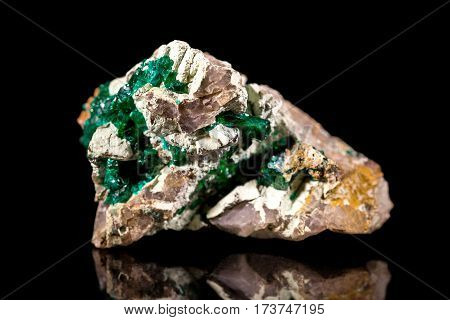 Dioptase On Bedrock, Rough Gemstone, Black Background