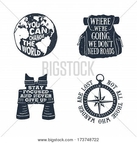 Hand drawn textured vintage labels set with planet Earth backpack binoculars and windrose vector illustrations and lettering.