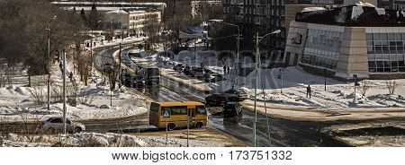 Kazakhstan, Ust-Kamenogorsk, 22 february, 2017: Aerial view of one of the streets of the city, cityscape
