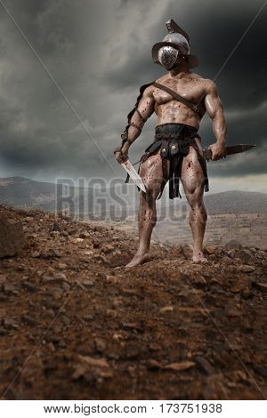 Rome Gladiator Attacking On Drammatic Outdoor Nature