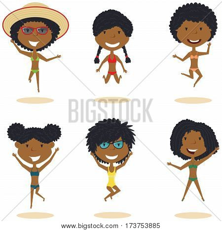 Cute African-Amercian female characters jumping on the beach vector illustration. Cheerful young girls make a jump on a white background. Happy teenagers on summer vacation.
