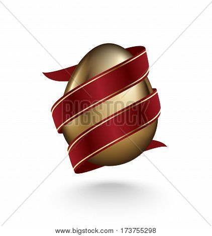 Glossy golden egg diagonal wrapped red ribbon isolated on white background. Design element for banner card poster for Easter business concept.
