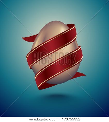 Glossy golden egg diagonal wrapped red ribbon. Turquoise deep retro tape background idea. Vintage banner card poster for Easter business benefit concept.