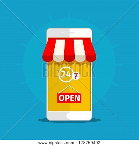 Vector e-commerce concept in flat style. On line store. Sale, smart phone with awning on blue background.