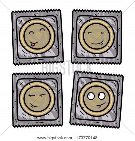 Set of condom. Cartoon condom set. Vector cartoon comic characters