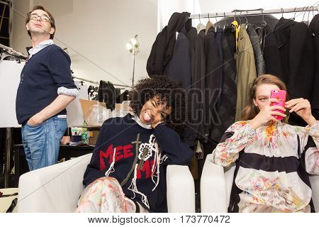 MILAN ITALY - FEBRUARY 22: Gorgeous model poses in the backstage just before Wunderkind show during Milan Women's Fashion Week on FEBRUARY 22 2017 in Milan.